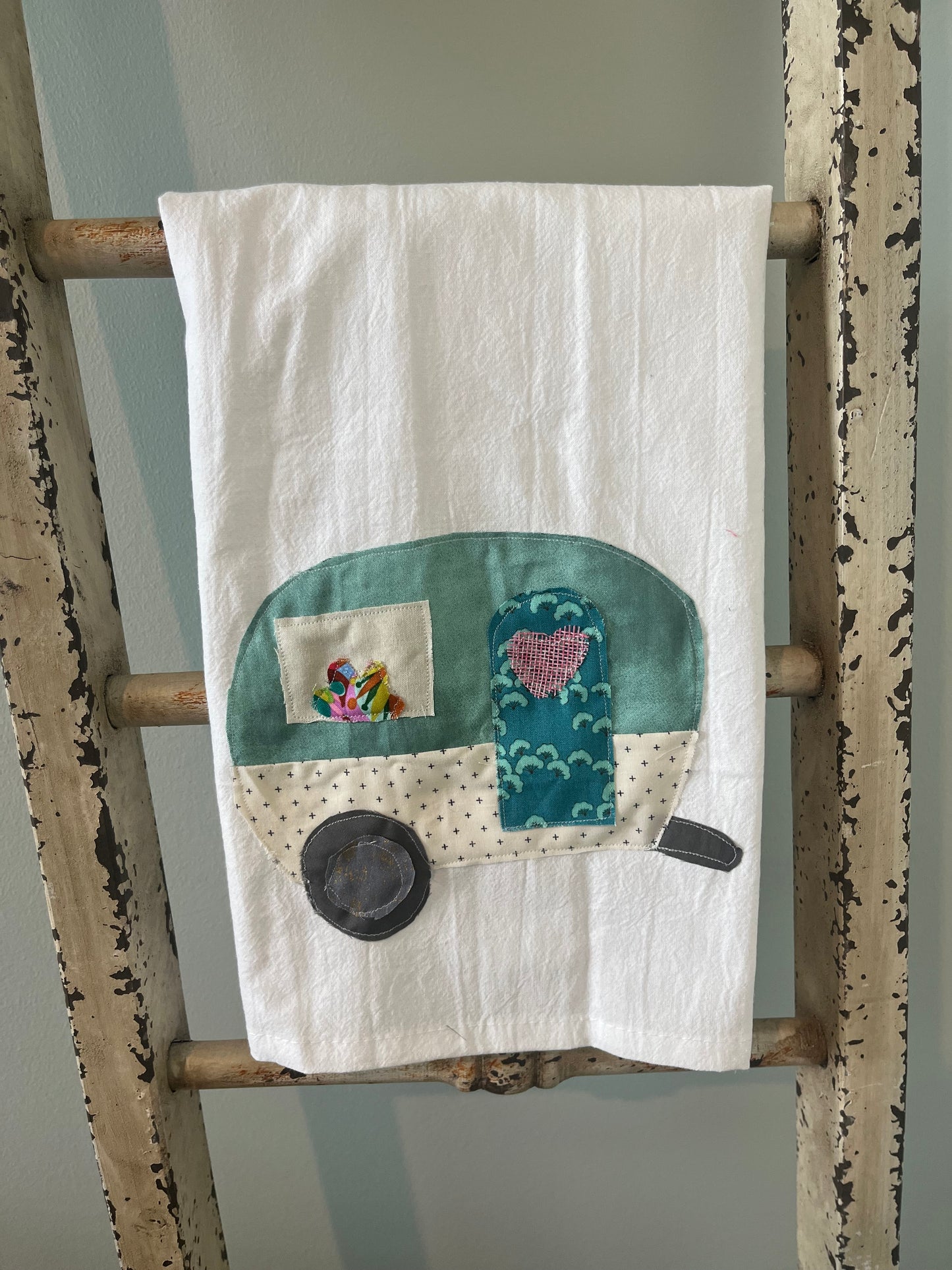 Teal Camper Appliqué Tea Towel