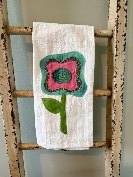 Applique Flower Tea Towel- Teal