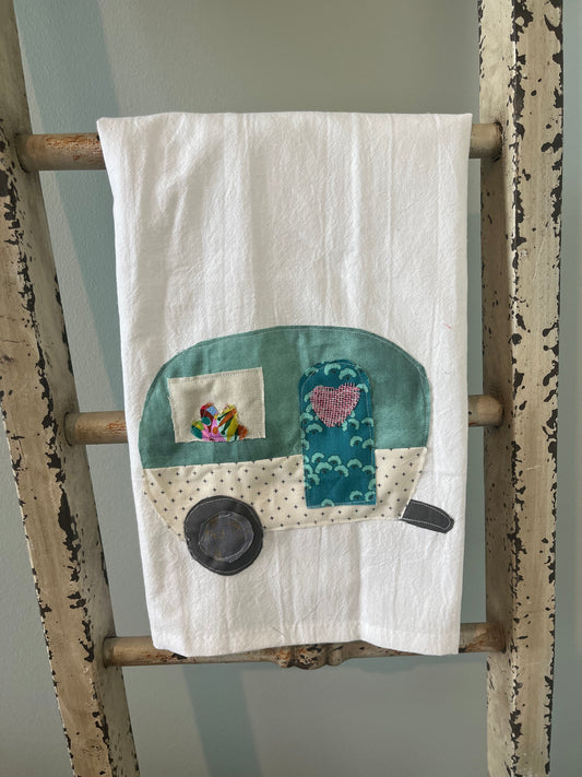Teal Camper Appliqué Tea Towel