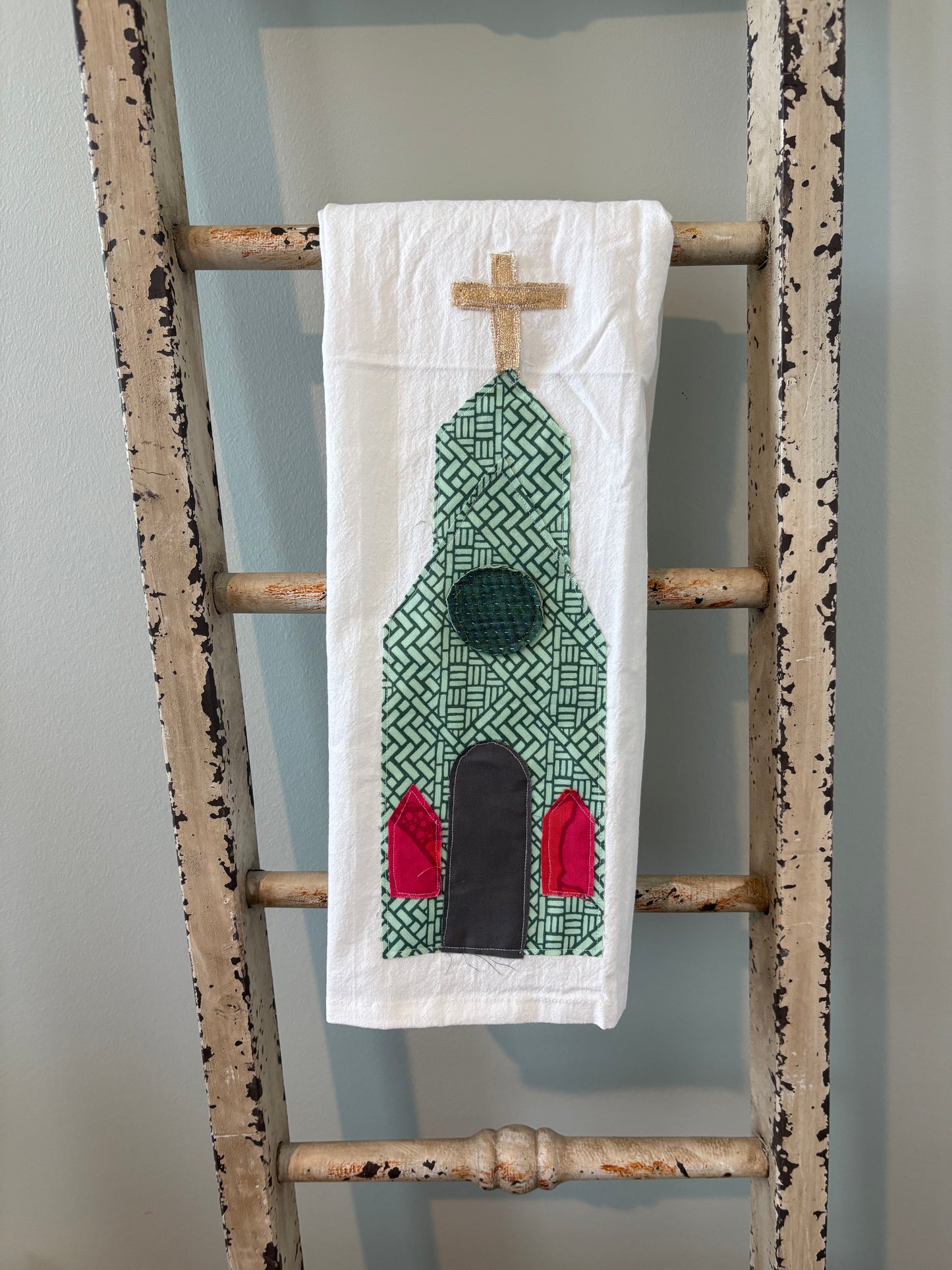 Green and Teal Appliqué Church Tea Towel